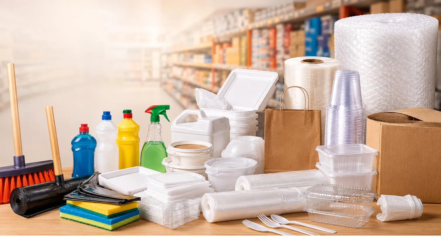Embalagens descartáveis, sacolas kraft, potes, copos, bobinas, vassouras e produtos de limpeza no balcão da loja